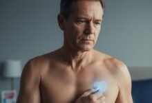 Hombre señalando su pecho con un corazón como símbolo de cuidado