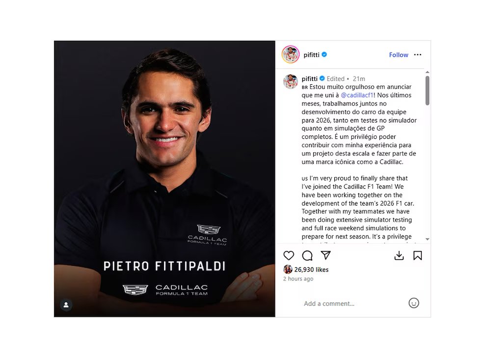 “Pietro Fittipaldi se une a Cadillac como piloto de simulador F1”