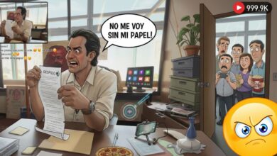 Caricatura de un hombre enojado con un papel en la mano y otras personas viendo desde la puerta, mientras se hace una transmisión en vivo