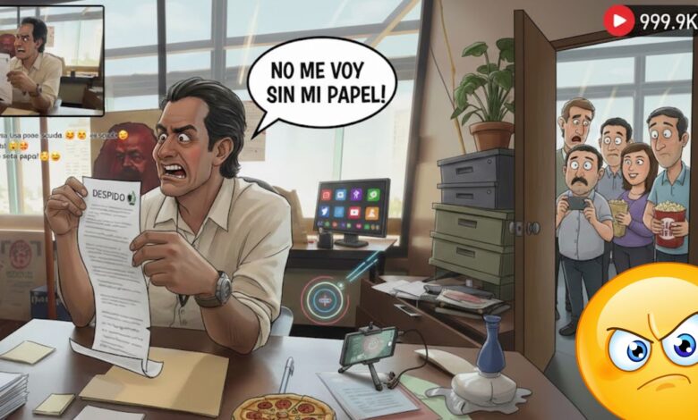 Caricatura de un hombre enojado con un papel en la mano y otras personas viendo desde la puerta, mientras se hace una transmisión en vivo