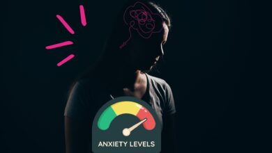 Mujer en fondo negro con nivel que mide la ansiedad