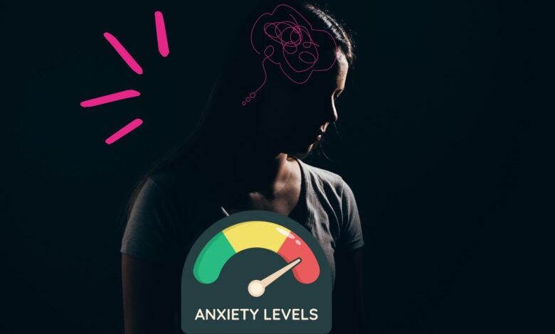Mujer en fondo negro con nivel que mide la ansiedad