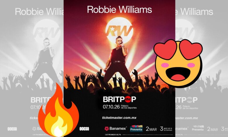 flyer oficial de la gira BRTIPOP, Robbie Williams al centro con un brazo arriba, manos arriba del público en un concierto y logos con detalles del evento.