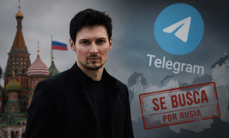 Pavel Durov con un monumento ruso de fondo y un sello de "SE BUSCA" y el logro de Telegram