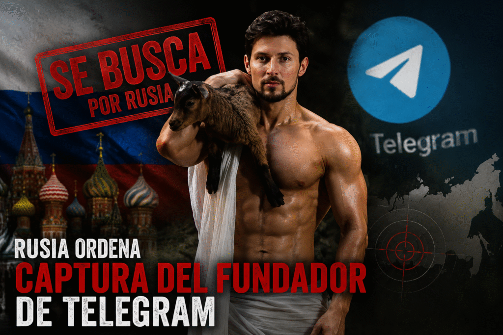 Fundador de Telegram con con torso desnudo y una toalla blanca en la cintura, un perro al hombro y el logro de telegram a lado con una leyenda de "SE BUSCA"
